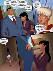 1boy 2girls black_hair blonde_hair blouse blue_eyes breasts cleavage clothed dc dc_comics dcau female human imminent_oral justice_league lois_lane lois_lane_(dcau) long_hair male multiple_females shirt skirt sunsetriders7 supergirl supergirl_(dcau) superman superman:_the_animated_series superman_(series) uncensored