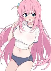 absurdres blue_buruma blue_eyes blush bocchi_the_rock! breasts buruma commentary cube_hair_ornament female gotoh_hitori gotou_hitori hair_ornament highres large_breasts long_hair metaljelly midriff navel pink_hair shirt side_ahoge simple_background solo sportswear very_long_hair white_background white_shirt