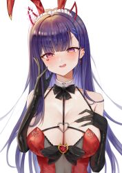 1girls absurdres akuma_nihmune akuma_nihmune_(bunny_style) animal_ears big_breasts black_bow black_bowtie black_gloves blunt_bangs blush bow bowtie breasts broken_horn chest_harness cleavage demon_girl demon_horns detached_collar earrings elbow_gloves facial_mark fake_animal_ears female gloves grey_leotard hair_ornament hairclip hand_on_own_chest harness heart heart-shaped_pupils heart_earrings heart_facial_mark heart_o-ring highres horns indie_virtual_youtuber jewelry large_breasts leotard long_hair looking_at_viewer maid_headdress massive_breasts mole mole_under_eye nannachu7 o-ring open_mouth playboy_bunny purple_eyes purple_hair red_leotard see-through_clothes simple_background solo symbol-shaped_pupils traditional_bowtie upper_body very_long_hair virtual_youtuber vtuber white_background