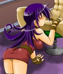 1boy 1girls age_difference blue_hair censored clothed_female_nude_male cryptobiosis duel_masters fellatio indoors mosaic_censoring purple_eyes purple_hair red_dress short_dress straight tagme tasogare_mimi tsumitani_daisuke