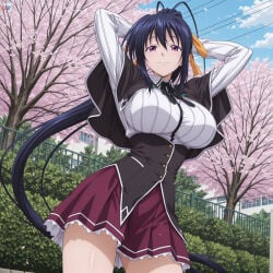1boy 1girl absurdres adult ai_assisted ai_generated akeno_himejima antenna_hair arms_behind_head arms_up ass_visible_through_thighs bangs big_breasts black_capelet black_hair breasts capelet cherry_blossoms closed_mouth cowboy_shot day female from_below hair_between_eyes hair_ribbon heeven high_school_dxd highres himejima_akeno large_breasts long_hair long_sleeves looking_at_viewer male mature miniskirt orange_ribbon outdoors patreon patreon_username perfect_body petals pleated_skirt ponytail purple_eyes red_skirt ribbon school_uniform sensitive shirt skirt sky smile solo standing thighs tree uncensored underbust very_long_hair white_shirt yellow_ribbon