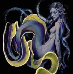 arms_behind_back black_background blue_hair blue_skin braid colored_skin commentary curled_up eel_girl english_commentary expressionless female floating_hair from_side full_body highres looking_at_viewer mermaid monster_girl orange_eyes original pointy_ears simple_background solo twulfs