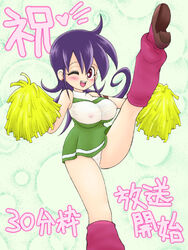 1girls blush cheerleader duel_masters facing_viewer leg_lift long_hair looking_at_viewer mimuda_ryouzou panties pom_pom_(cheerleading) pom_poms purple_hair see-through smile solo tasogare_mimi underwear wink