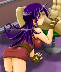 1boy 1girls age_difference blue_hair censored clothed_female_nude_male cryptobiosis duel_masters indoors licking_penis mosaic_censoring purple_eyes purple_hair red_dress short_dress straight tagme tasogare_mimi tsumitani_daisuke