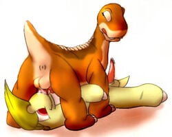 2boys 69 69_position anthro balls bayleef crossover don_bluth duo erection fellatio feral furry littlefoot male male_only nintendo oral penis pokémon_(species) pokemon pokemon_(species) sex the_land_before_time white_background yaoi