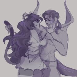 alphonse_(oc) buff buff_male cat_ears cat_girl cat_tail catgirl catgirls clarice_(sona) curvy curvy_female dragon dragon_boy feline flirt funny humor mad millicash rough_sketch sketch sketchy suggestive unwanted_flirting