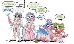 antennae_(anatomy) armless bathing bodily_fluids breast_milking bubbalossom clown_nose english_text female feral forced forced_transformation gastropod genitals hair hi_res human lactating legless male mammal mollusk multicolored_hair nude penis showering slug text transformation transformation_through_magic translucent two_tone_hair