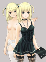 2girls artist_request black_legwear blonde_hair breasts choker clone corset cross death_note dual_persona female female_only garter_belt gothic human jewelry lingerie misa_amane multiple_females multiple_girls necklace panties selfcest skirt standing stockings thighhighs tied_hair topless twintails underwear underwear_only white_legwear white_panties