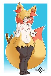 2023 2:3 anthro areola artist_name biped bite biting_lip blue_background blush border braixen chest_tuft colored digitigrade ear_piercing eyewear feet female fingers flat_chested fluffy fluffy_tail front_view full-length_portrait fur generation_6_pokemon genitals glasses grey_body grey_fur hair hair_over_eye hi_res humanoid_genitalia humanoid_hands humanoid_vulva inner_ear_fluff kloudmutt long_tail looking_at_viewer multicolored_body multicolored_fur navel nintendo nipple_dip nipples nude nude_anthro nude_female orange_body orange_fur piercing pokemon pokemon_(species) portrait shaded simple_background solo standing stick tail text toes tuft vulva white_body white_border white_fur yellow_body yellow_eyes yellow_fur