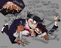 accurate_art_style alastor_(hazbin_hotel) anal balls blood blood_drip choking choking_while_penetrating cum cum_in_ass cum_inside cumming cumming_while_penetrating dialogue dubious_consent forced gay grey_background hazbin_hotel hellaverse human_alastor_(hazbin_hotel) human_vox_(hazbin_hotel) kuruko male male/male male_only male_penetrating male_penetrating_male penis plap_(sound) rape stab_wound stabbed struggling vox_(hazbin_hotel) yaoi