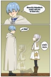1boy 1boy1girl 1girls 2025 2d 2d_(artwork) 2koma artist_name blue-haired_male blue_hair blue_hair_male blush boots comedy dialogue elf elf_ears elf_girl frieren himmel_(sousou_no_frieren) humor kneeling_oral_position maho_malice meme motion_blur motion_lines myahogao no_sex one_page_comic sousou_no_frieren text text_bubble white-haired_female white_hair white_hair_female