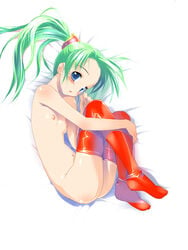 blue_eyes blush breasts female female_only final_fantasy final_fantasy_vi green_hair hima human long_hair naked_thighhighs nipples nude ponytail solo terra_branford thighhighs tied_hair