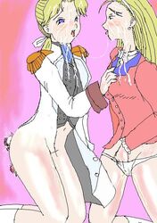 2girls artist_request blonde_hair blue_eyes breasts brown_hair cum dildo dorothy_catalonia female gundam gundam_wing human light-skinned_female light_skin long_hair military_uniform multiple_girls panties relena_peacecraft school_uniform tagme