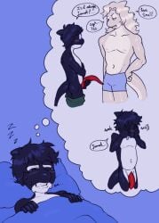 albino anthro anthro_on_anthro bad_dream big_penis blue_background blue_eyes blush blush_lines boxers boxers_(clothing) boxers_only bulge bulge_under_blanket calling_out_name cetacean cetacean_genitalia cetacean_penis cetacean_slit cetacean_tail cold_sweat crying_male dark_skin dark_skinned_male denial denied digital_drawing_(artwork) digital_media_(artwork) dissapointed dream_humiliation dreaming dumb english english_text erection flat_crotch glasses hand_on_hip head_fin high_expectations humiliated humiliation humiliation_fetish inadequate intense jock jock_slut jonah_(mr_shrink) locker_room male male/male male_focus male_only mr_shrink nerd nerdy nerdy_male nightmare orca orca_boy orca_tail original original_character original_characters pale_skin pale_skinned_male penis penis_too_small red_penis sad sad_dream sadness shamed shaming short_hair short_male shorter_male simon_(mr_shrink) sleeping slit slit_penis slutty_jock smaller_male stupid sweat sweating taller_male tapering_penis tears tears_in_eyes tears_of_sadness tenting tenting_blanket too_small toothed_whale two_tone_body ugh unhappy unhappy_male unrealistic_body_standards unrealistic_expectations upset weeping