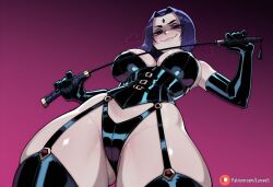 1girls ai_generated armwear big_breasts breasts dc dc_comics dominant dominant_female dominatrix female female_focus forehead_jewel forehead_mark from_below garter_straps gradient_background grey_skin higher_resolution_at_source higher_resolution_available looking_at_viewer lunivelle patreon purple_hair rachel_roth raven_(dc) riding_crop short_hair smug smug_face smug_grin solo solo_female solo_focus teen_titans tight_clothing warner_brothers