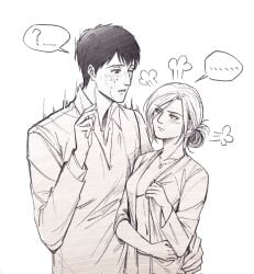1boy 1girls after_sucking_breasts annie_leonhardt annoyed attack_on_titan bertolt_hoover dressing_up duo duo_focus frustrated funny height_difference kuobi_meon milk_on_face necklace putting_clothes_on shingeki_no_kyojin sketch straight