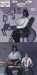 absurd_res anthro balls big_balls big_breasts big_penis bodily_fluids breasts canid canine canis casual_erection casual_exposure casual_masturbation clothing cum dialogue duo english_text erection fox genital_fluids genitals gynomorph hi_res huge_balls huge_breasts huge_cock intersex intersex/male jerking male mammal masturbation office onxel penis retracted_balls text thick_thighs translucent translucent_clothing wolf