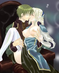 blush breast_grab breasts_out_of_clothes closed_eyes clothing erect_nipples kissing luc medium_breasts stockings suikoden suikoden_iii tagme thighhighs