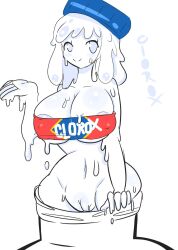 areolae_slip artist_request bleach_(object) bleach_slime bottle_cap breasts_bigger_than_head clorox dont_fuck_it... exposed_pussy funny label large_breasts living_bleach living_object navel simple_background slim_waist slime_girl slime_hair smile text white_areolae white_background white_eyes white_nipples white_slime