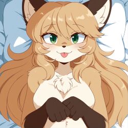 ai ai_generated averi_(fiddleafox) bed_background bed_scene bedroom brown_body brown_fur canid fox green_eyes in_bed looking_at_viewer on_bed orange_fur room tongue_out
