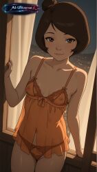 1girls ai_generated aiuniverse56 avatar_the_last_airbender brown_eyes brown_hair cartoon covered_nipples female female_only hair_bun jinora lace_lingerie lace_panties lace_underwear lingerie panties short_hair small_breasts solo stable_diffusion the_legend_of_korra translucent_clothing transparent_clothing transparent_lingerie underwear visible_nipples