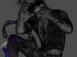 1boy arm_hair arms_up bags_under_eyes beard bird black_necktie black_shirt chest_hair crow dieantwoord2580 eyeball facial_hair falling_feathers feathers gouged_eye guro highres holding holding_eyeball knee_up male_focus midriff multiple_scars necktie open_mouth original partially_colored partially_open_shirt pubic_hair scar scar_on_arm shirt short_hair smoke solo