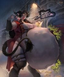 belly_button belly_piercing bigbig brown_hair christmas christmas_outfit cleavage dialogue digestion digestion_noises drool_string drooling drooling_tongue earrings fat_ass giantess grey_body hooves horns hyper hyper_belly krampus long_fingernails long_tail long_tongue looking_at_viewer massive_ass massive_breasts massive_thighs mini_giantess naughty_list painted_nails panties ring_piercing ripped_clothing rule_63 seductive_look sharp_teeth stomach_bulge stomach_noises swallowed_whole tail tail_tuft thighs vore vore_belly yellow_eyes
