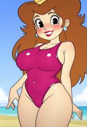 1girls ai_generated beach black_hair brown_hair crown dic_entertainment mario_(series) nintendo one-piece_swimsuit princess_peach princess_toadstool princess_toadstool_(dic_cartoons) swimsuit the_super_mario_bros._super_show!