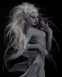 absurdres arched_back black_background black_sclera blue_eyes colored_sclera commentary english_commentary expressionless facial_mark female fingernails floating_hair forehead_mark hand_up highres looking_to_the_side mermaid messy_hair monster_girl nude original pointy_ears shark sharp_fingernails simple_background solo twulfs white_hair