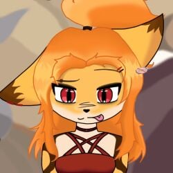 1:1 accessory animated anthro bodily_fluids canid canine clothed clothing crop_top cum cumshot digital_media_(artwork) ear_cuff ejaculation female fox front_view genital_fluids hair hair_accessory hairclip mammal meme mischievous_smile narezka naria_(narezka) ponytail portrait pose reaction_image red_eyes red_hair rigby_the_cat_(meme) shirt simple_background smile solo tongue tongue_out topwear ty0masam