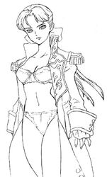 1girls artist_request belly bra breasts coat female female_only gundam gundam_wing human long_hair monochrome navel panties relena_peacecraft round_ears solo tagme underwear