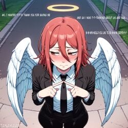 1boy ai_generated angel angel_devil_(chainsaw_man) angel_wings artist_name averting_eyes black_jacket black_necktie black_neckwear black_pants black_suit blush brown_hair bulge bulge_through_clothing bulge_under_clothes chainsaw_man closed_mouth clothing collared_shirt dialogue english_text feathered_wings feathers femboy femboy_only fidgeting formal from_above hair_between_eyes halo index_fingers_together jacket long_hair long_sleeves looking_to_the_side male male_focus male_only necktie neckwear otoko_no_ko otokonoko outdoors pants pov red_eyes red_hair road shirt shirt_tucked_in solo solo_male street suit suit_jacket tanakaart text thick thick_thighs thighs white_shirt white_wings wings