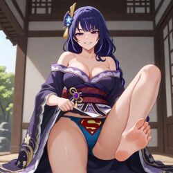 1female 1girls ai_assisted ai_generated breasts crossover dc dc_comics feet female flashing foot_fetish foot_focus genshin_impact kimono legs legs_apart legs_spread purple_eyes purple_hair raiden_shogun seducing seductive seductive_eyes seductive_look seductive_mouth seductive_pose seductive_smile solo solo_female solo_focus superman superman_(series) themed_clothes thighs underwear