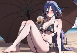 ai_assisted ai_generated alternate_costume arm_support bare_arms bare_legs bare_shoulders barefoot beach bikini black_bikini blue_hair blue_sky blush breasts bubble_tea clorinde_(genshin_impact) collarbone cup disposable_cup drinking_straw female genshin_impact hair_between_eyes holding holding_cup knees_up large_breasts long_hair long_hair_between_eyes looking_at_viewer low_ponytail navel nay_juno outdoors ponytail purple_eyes side-tie_bikini_bottom sitting sky solo stomach string_bikini sweat swimsuit thighs umbrella very_long_hair