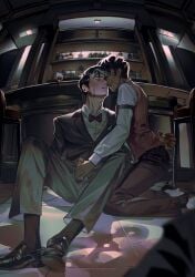 2boys alastor_(hazbin_hotel) bar_(place) beaten_up bleeding bliss blood_on_face blood_stain bowtie cruelty cum_drip dannelkat fucked_by_crush handjob hazbin_hotel hellaverse human_alastor_(hazbin_hotel) human_vox_(hazbin_hotel) male masochism masochistic_male masturbation pathetic_male penis pleasure_face precum smiling suit vincent_whittman_(hazbin_hotel) vox_(hazbin_hotel)