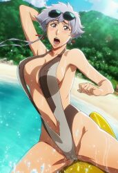 1girls accurate_art_style ai_generated alternate_costume anime_style arm_behind_head arm_up armpits banana banana_boat big_breasts bleach blue_sky blush braids breasts brown_eyes busty cameltoe curvaceous curvy curvy_body curvy_female curvy_figure day earrings embarrassed facing_viewer feet female female_only floater front_view head_tilt hourglass_figure hourglass_figured_female huge_breasts inflatable kotetsu_isane light-skinned_female light_skin looking_at_viewer ocean official_alternate_costume one-piece_swimsuit one_arm_up open_mouth outdoors parted_lips pinup pose posing posing_for_the_viewer pussy revealing_swimsuit riding sand seaside sexually_suggestive short_hair short_hair_with_long_locks shy silver_hair straddling sunglasses sunglasses_on_head sunlight swimsuit tall_femal taller_female tiptoes voluptuous voluptuous_body voluptuous_female water wide_hips