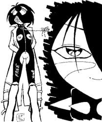 1girls alita artist_request battle_angel_alita black_hair bodysuit breasts coat collar cyborg dark_hair female female_only monochrome nipples pointy_chin pussy short_hair smile solo tagme