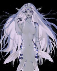 absurdres blue_eyes expressionless eyeshadow facial_mark female floating_hair forehead_mark glowing glowing_hair hand_up highres koi limited_palette long_hair looking_at_viewer makeup mermaid monster_girl nude original pointy_ears purple_eyeshadow scales solo twulfs very_long_hair white_hair