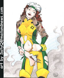 1girls 2000 anna_marie female female_only green_eyes long_hair marvel marvel_comics navel pubic_hair red_hair rogue_(x-men) satyq solo straight_hair tagme torn_clothes white_hair x-men