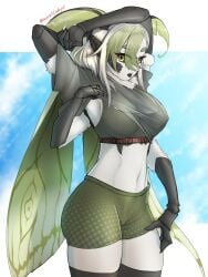 1girls antennae arthropod_girl bike_shorts black_sclera black_tongue breasts bug bug_girl colored_sclera colored_skin extra_arms female head_wings highres indie_virtual_youtuber insect_girl insects juniper_actias midriff monster_girl moth moth_girl navel nipples open_mouth see-through_shirt shirt sports_bra stomach thick_thighs thighhighs thighs virtual_youtuber vtuber white_skin wings