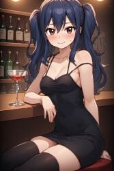 aged_up ai_generated alcohol bar_(place) bar_stool bare_shoulders black_dress black_thighhighs blue_hair blush bottle bottles brown_eyes cleavage cocktail detailed_background fairy_tail female glass highres holding_drink indoors long_hair looking_at_viewer not_real_art sitting smile solo suggestive thighhighs twintails wendy_marvell