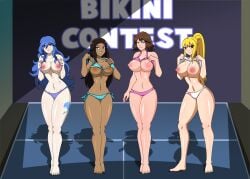 4girls absurdres avatar_the_last_airbender barefoot big_breasts bikini bikini_bottom bikini_competition bikini_top blonde_hair blue_eyes blue_hair blush breasts brown_eyes brown_hair crossover dark_skin dlobo777 eastern_and_western_character erect_nipples fairy_tail female_only femsub final_fantasy final_fantasy_x heterochromia huge_breasts juvia_lockser juvia_loxar katara large_ass large_breasts long_hair looking_at_viewer lucy_heartfilia multiple_girls multiple_subs nickelodeon nipples short_hair tattoo text thick_thighs topless undressing western white_eyes wide_hips yuna