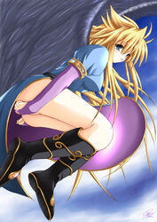 ass black_wings blonde_hair blue_eyes blush boots breath_of_fire breath_of_fire_ii clothing dress female fingernails flying legs long_fingernails long_hair long_nails nail nails nina_(breath_of_fire_ii) nipples no_panties side_slit solo thighs wings