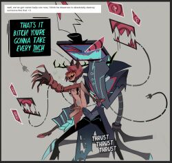 2boys almost_naked anal anal_sex antennae blush deer hat horn moaning monster no_humans red_hair size_difference smile tied_up tongue_out tv_head wire yaoi