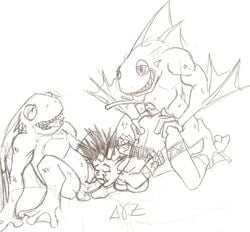 1girls 2boys ahe_gao arms_behind_back artist_signature ass_hold ass_up blizzard_entertainment bondage bound bound_arms breast_press buttjob closed_eyes cum_in_pussy earring fellatio female fins grin head_hold male murloc murloc_male orc penis scales sharp_teeth simple_background sketch spiked_hair testicles threesome tongue_out warcraft webbed_feet webbed_fingers webbed_hands webbed_toes white_background world_of_warcraft