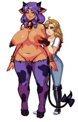 animal_ears animal_tail bell big_breasts blonde_hair bovine breasts breeding_season clothed clothing cow_girl female hair half-dressed hooves horns human interspecies mammal monster_girl nipple_play nipples purple_hair pussy s-purple topless voluptuous yuri