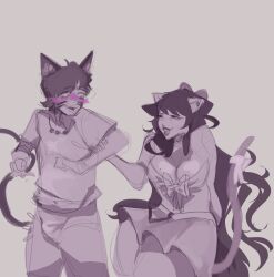 beauty_marks big_breasts black_hair boner cat_boy cat_ears cat_tail catboy catgirl catgirls clarice_(sona) curvy_female flirting leander_(oc) lipstick millicash prince rough_sketch sketch sketchy