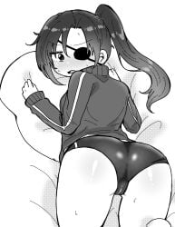 track_jacket buruma gym_uniform solo female_only female official_alternate_costume looking_back yagyuu_kyuubei monochrome gintama eye_patch ass ass_focus class_3-z long_hair ponytail cameltoe big_ass blush open_clothes sweat embarrassed looking_at_viewer thick_thighs