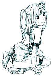 death_note feet female female_only from_behind gothic human kneeling looking_back misa_amane monochrome nekomata_naomi nekomataya panties sketch solo thighhighs thong tied_hair twintails underwear