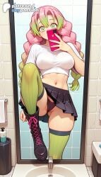 1girls 2026 ai_assisted ai_generated anime artist_name bangs box breasts bust cellphone demon_slayer explicit female female_only gradient_hair green_eyes green_hair green_legwear hi_res high_quality high_resolution highres holding_phone kanroji_mitsuri kimetsu_no_yaiba long_hair mitsuri_kanroji mole mole_under_eye multicolored_hair patreon patreon_username phone pink_hair pleated_skirt skirt skypassion smartphone stable_diffusion standing standing_on_one_leg tile_floor tile_wall tiles two-tone_hair watermark